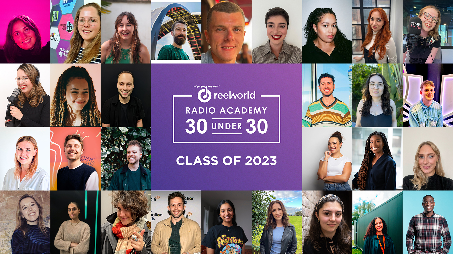 Picture of the headshots of all 30 who made the ReelWorld Radio Academy's '30 under 30' list for 2023.